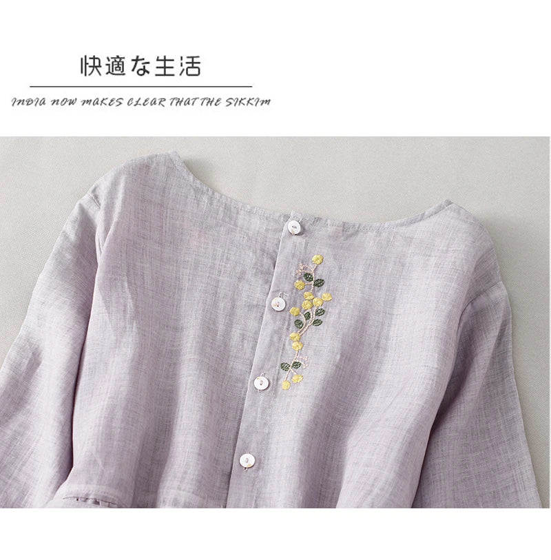 Elegant Embroidered Cotton Linen Long Dress – Women's Loose Waist Slimming Age-Defying Skirt, Spring, Summer & Autumn Fashion