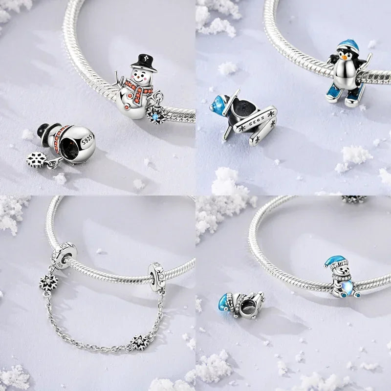 925 Sterling Silver Winter Snowman & Snowflake Charm Beads – Fits Original Bracelet DIY Fine Jewelry Gift for Women