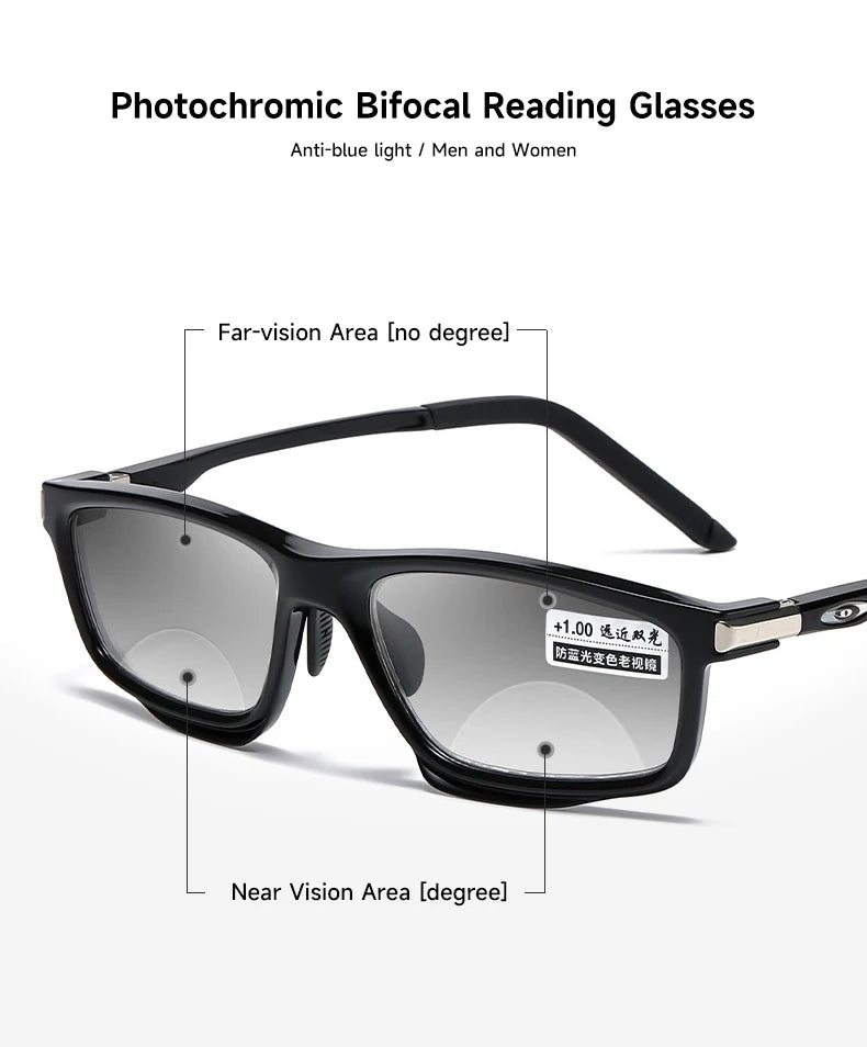 Photochromic Bifocal Reading Glasses for Men & Women – Anti-Blue Light Multifunctional Aluminum Magnesium Sports Eyewear