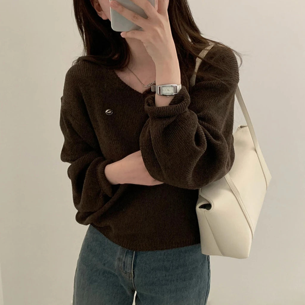 Loose Women’s Knitwear V-Neck Long Sleeve T-Shirt – Casual Comfortable Fashionable Autumn Top New Arrival