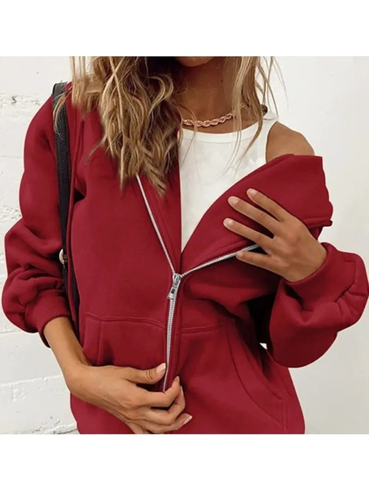 2024 Women’s Solid Hoodie | Elegant Long Sleeve Zipper Drawstring Sweatshirt | Casual Hooded Top with Pockets