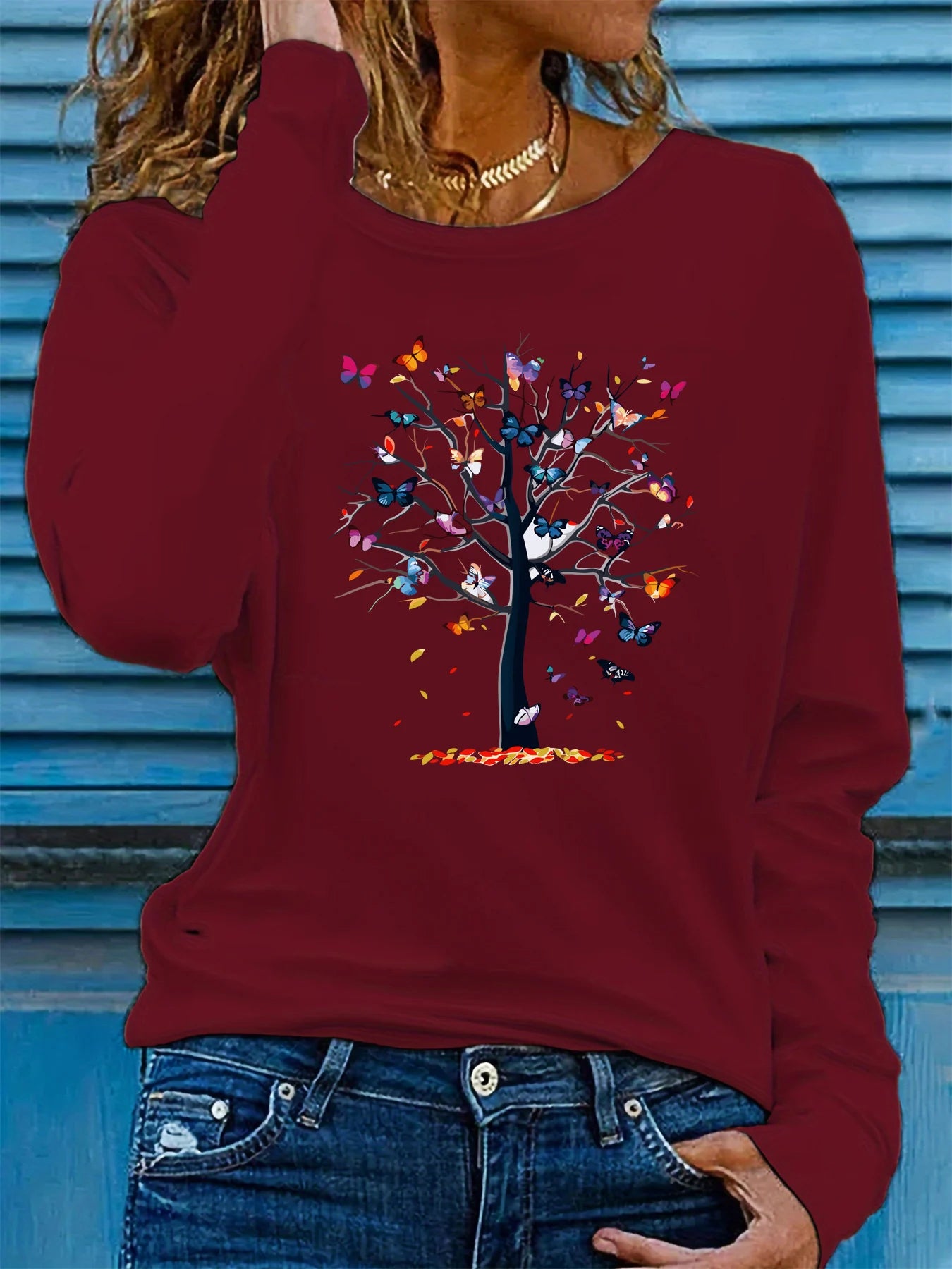 Women’s 100% Cotton Long Sleeve T-Shirt | Spring Autumn Loose Fit Round Neck | Butterfly & Tree Graphic Top