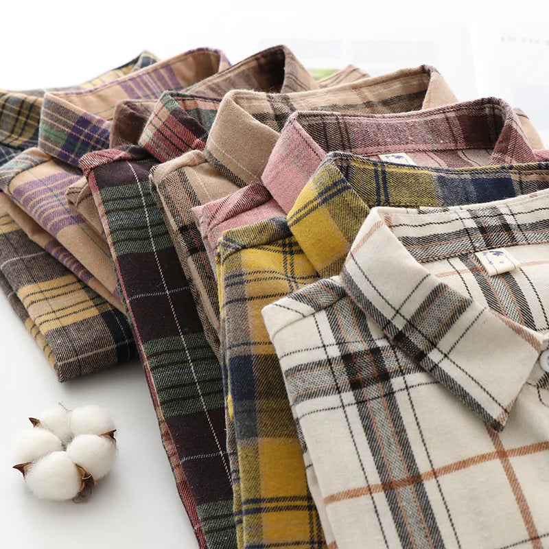 Women’s Plaid Shirt | Spring Autumn Long Sleeve Blouse | Casual Cotton Checkered Top
