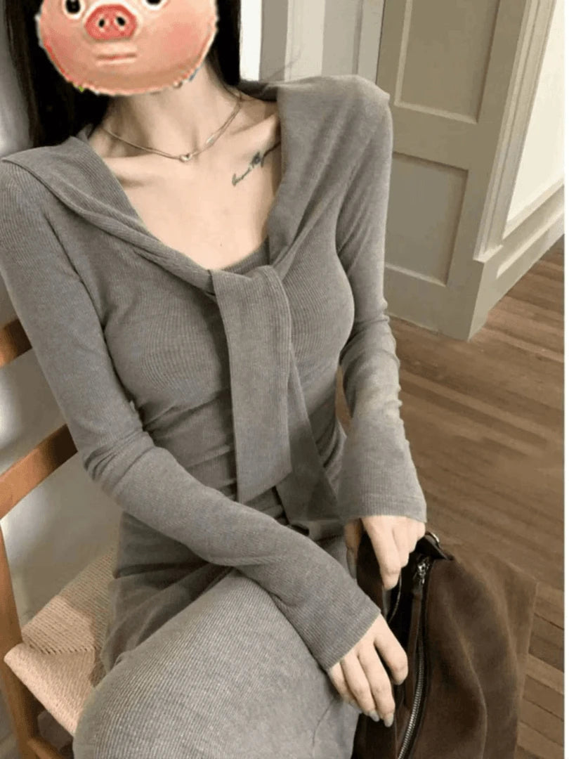 Early Autumn Korean Style Knitted Slim Fit Dress – Women’s Long Sleeve Casual V-Neck A-Line Dress | Warm Polyester Fiber