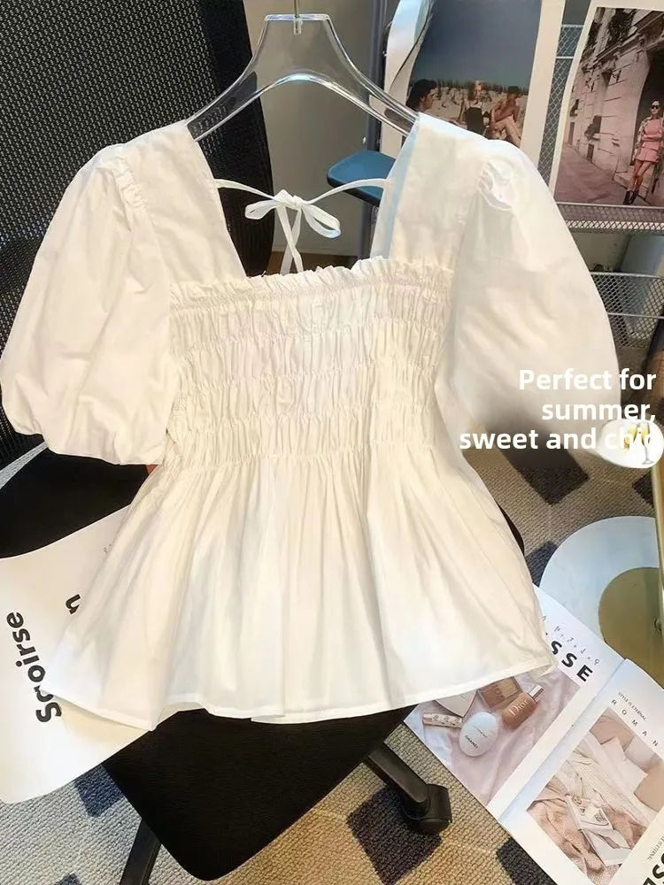 Summer 2025 New Sle Square Collar Pleated ort Sve Doll irt Women Small Size Bubble Sve Chiffon Blouse Top