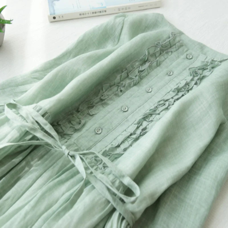 Japanese Style Women’s Long Sleeve Cotton Linen Dress | Wooden Ear Design Loose A-Line Skirt with Waist Belt