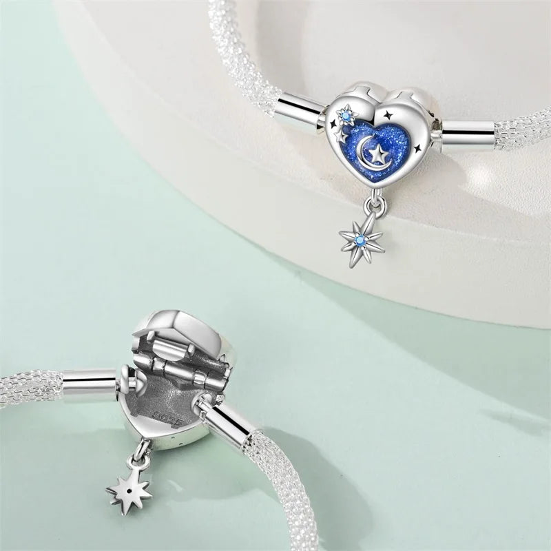 925 Sterling Silver Heart Moon Sun Clasp Charm Bracelet | 17–20CM Original Bracelet for Women | Fits Pandora DIY Beads Jewelry