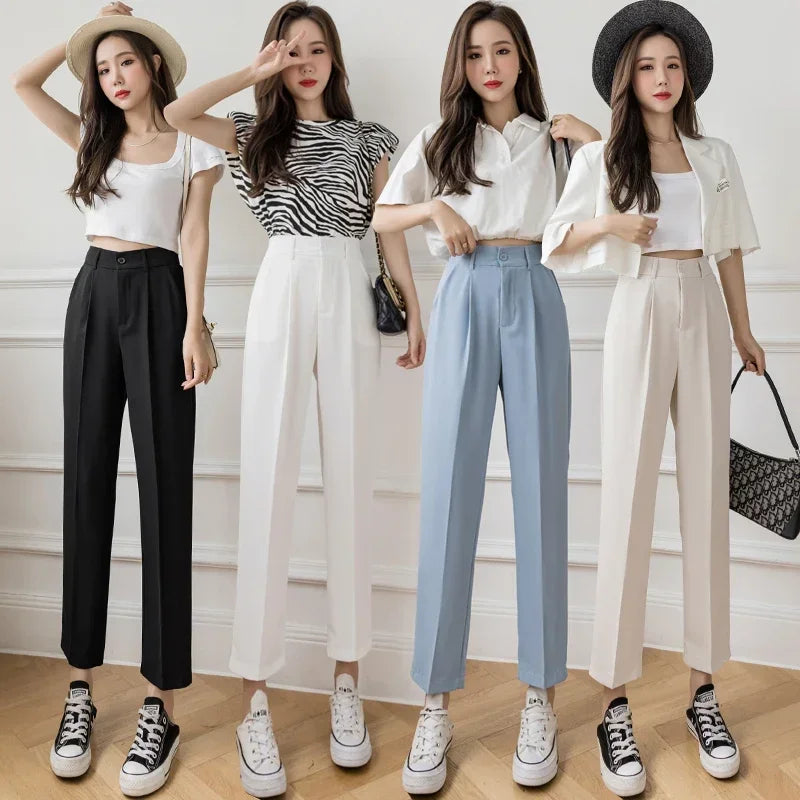 Women’s High Waist Suit Pants | Summer Black Harem Business Pants | Korean Style Pocket Thin Nine-Point Trousers