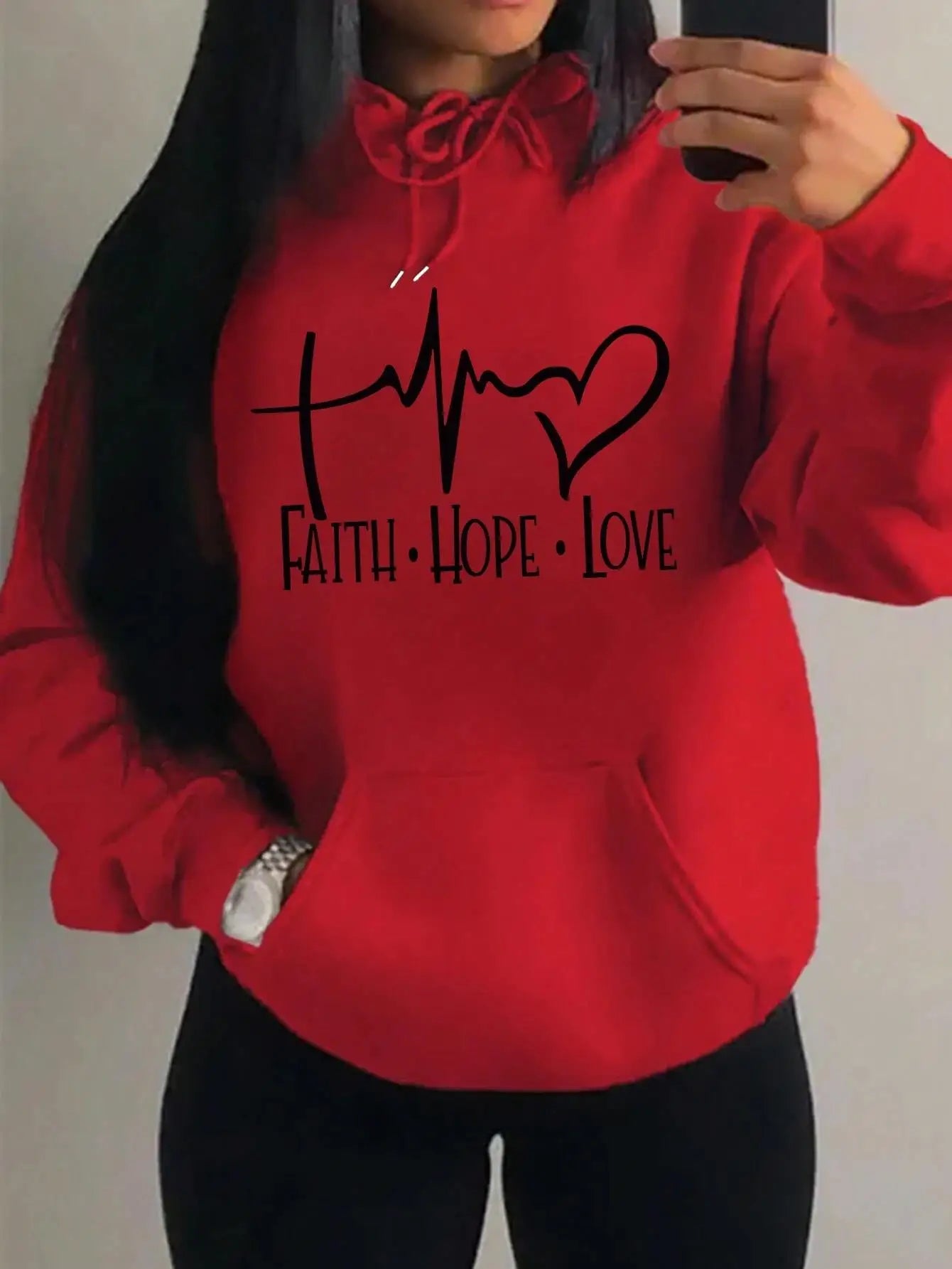 Faith Hope Love Letter Graphic Women’s Hoodie – Casual Loose Streetwear Fleece Pullover Autumn Top