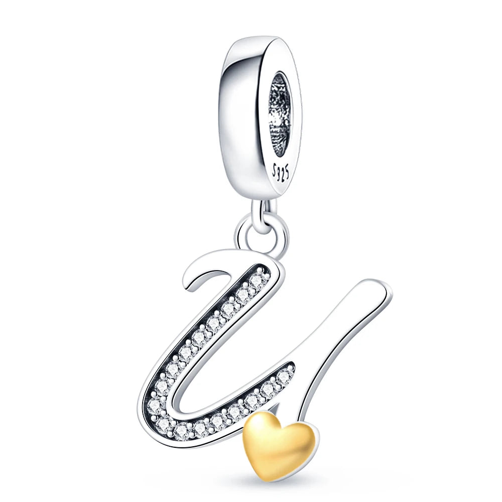 925 Sterling Silver A–Z Alphabet Letter Charms | Gold Heart Beads Fit Original Pan Bracelet | DIY Jewelry Accessories