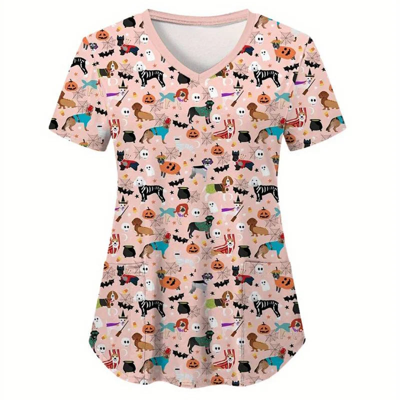 Women’s Medical Scrub Top – Cute Cartoon Print V-Neck Short Sleeve Nurse Dental Uniform 🩺🎀