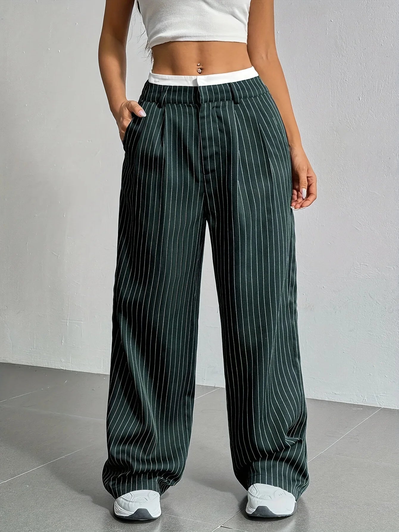 Women’s High Waist Straight Leg Pinstripe Trousers | Office & Casual Striped Dress Pants with Pockets