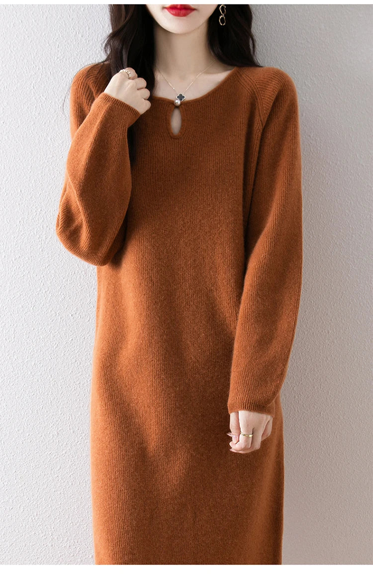 Loose Knitted Sweater Dress for Women – Round Neck Long Sleeve Casual Autumn New Arrival Elegant Fashion Dress