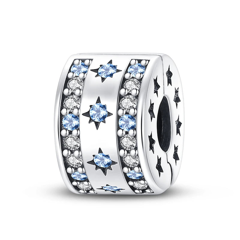 925 Sterling Silver Pave Clip Charms with Safety Chain | Colored Beads Stopper Clasp Fit Original Pandora Bracelet Jewelry