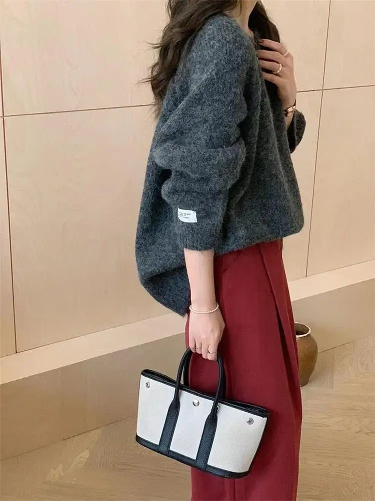 Loose Women’s Blue Sweater | Korean Casual Knitwear | Spring Autumn Round Neck Pullover