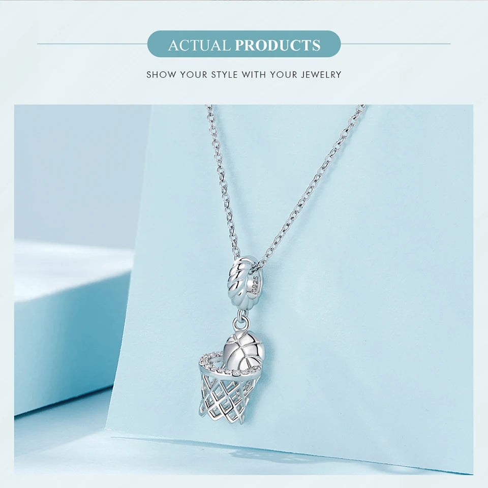 BISAER 925 Sterling Silver Ball Series Charms – Football, Volleyball, Tennis & Basketball Beads Fit Pandora Bracelet DIY Jewelry