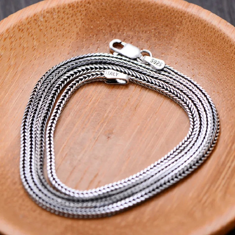 Real S925 Sterling Silver Foxtail Necklace for Men – 1.6mm Solid Snake Bone Chain Vintage Jewelry