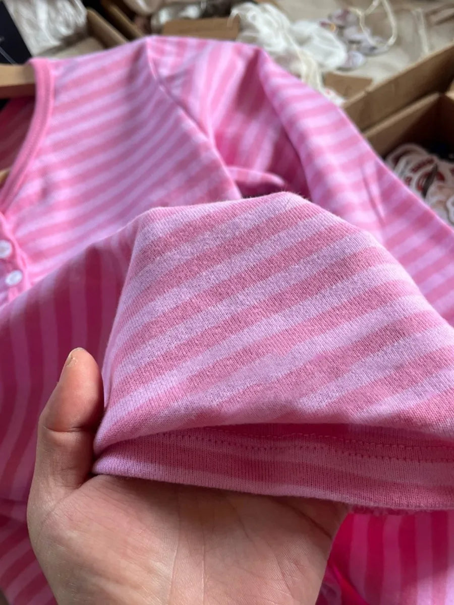 Women’s Pink Striped Slim Long Sleeve Tee | Casual Cotton O-Neck T-Shirt | Sweet Vintage Y2K Top