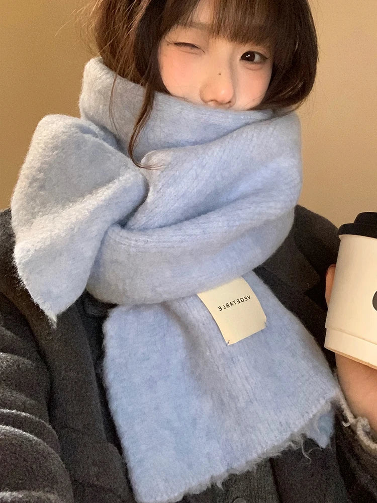 Warm Wool Blend Blue Knitted Scarf – Women’s Korean Style Winter Neck Warmer | Long Rectangle Color Scarf