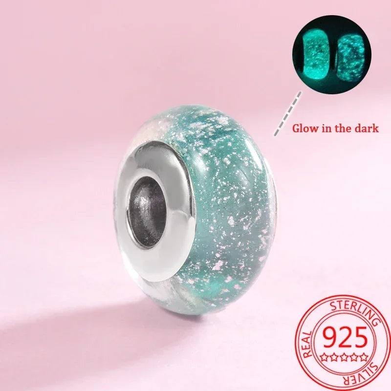 925 Sterling Silver Murano Glass Galaxy & Clover Heart Beads | Fit Pandora Bracelet DIY Jewelry Gift for Mum