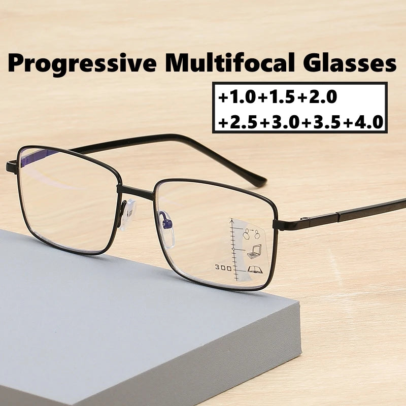 Ultralight Progressive Multifocal Glasses – Square Frame Non-Slip Presbyopic Reading Glasses for Men & Women +4.0