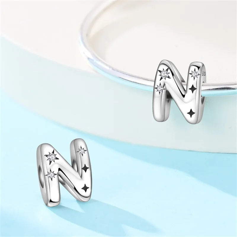 Classic 925 Sterling Silver A–Z Alphabet Charms | Letter Beads with Stars Fit Original Bracelet DIY Jewelry for Women