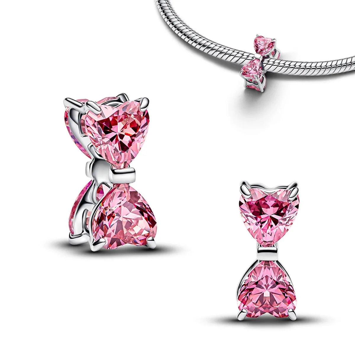 925 Sterling Silver Pink Bow Jewelry Set – Charms, Rings, Earrings & Necklace Beads for Women