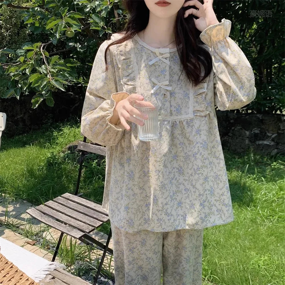 Women’s Plus Size Pajamas – Garden Style Student Homewear Two-Piece Set | Korean Version Bow Detail, Long Sleeve, Can Be Worn Outside