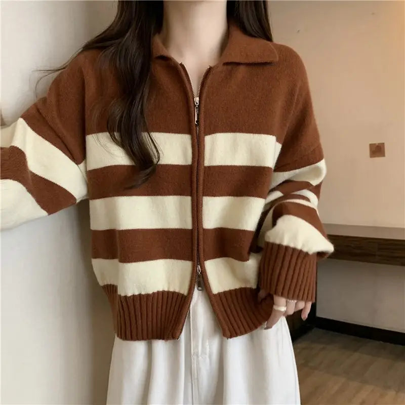 🔥 Retro American Spicy Long Sleeve Sweater for Women 🍂 Winter Loose Fit Knit Top | Unique Stripe Lazy Style Pullover ❄️