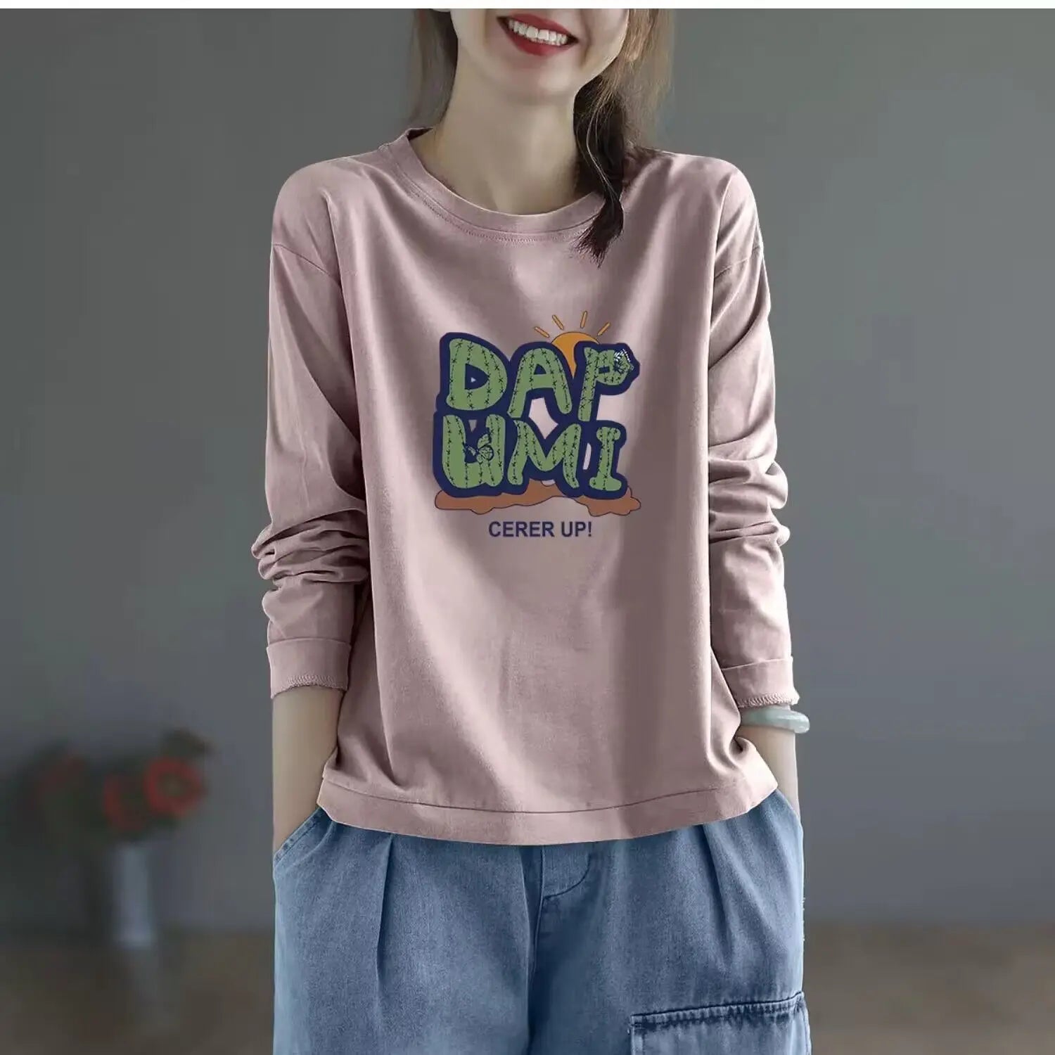 100% Cotton Long Sleeve T-Shirt | Women’s Casual Loose Slimming Top | Autumn Round Neck Fashionable Tee