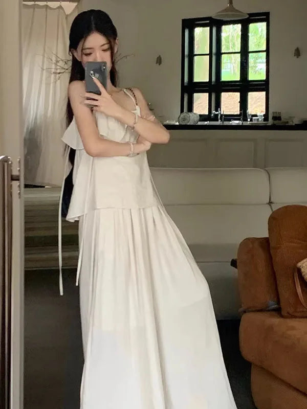 Casual Loose Women’s Two-Piece Set – White Lace Trim Strap Top & High Waist Wide-Leg Pants Summer Fashion Outfit