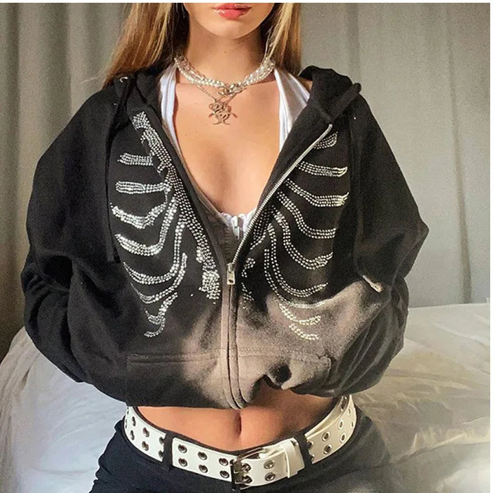 Y2K Rhinestone Skeleton Hoodie | Women’s Gothic Black Oversized Zip-Up Sweatshirt | Retro Harajuku Streetwear