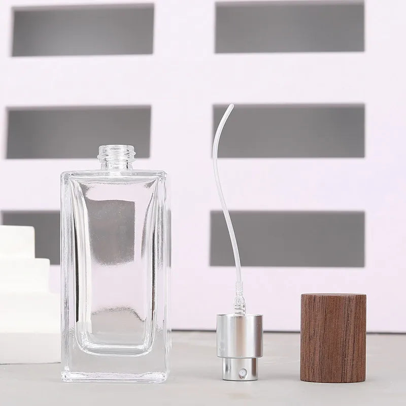 30ml / 50ml Refillable Perfume Bottle – Empty Glass Flat Square Spray Container | Portable Travel Cosmetic Bottle with Wooden Lid