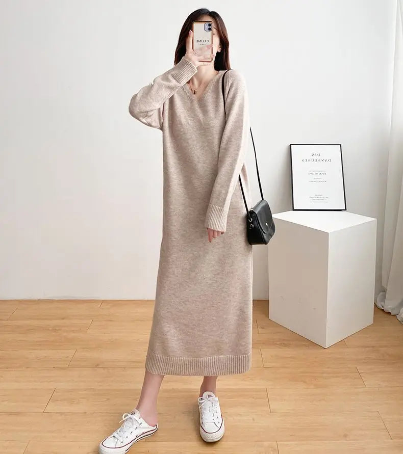Ladies’ Knitted V-Neck Dress – Loose Fit Base Layer Skirt, Casual Straight Tube Korean Style Autumn Winter Dress