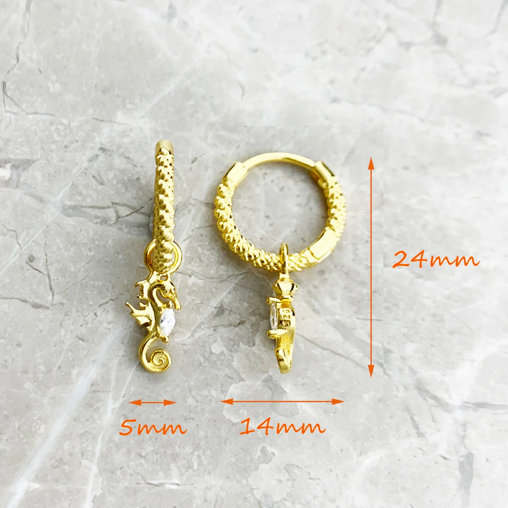 Creole Seahorse Hoop Earrings – 925 Sterling Silver Gold Hinged Hoops Europe Style Women’s Fine Jewelry Gift