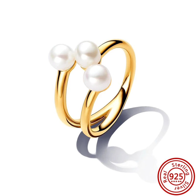 925 Sterling Silver Women's Golden Charm Pearl Ring | Retro Party & Anniversary Jewelry
