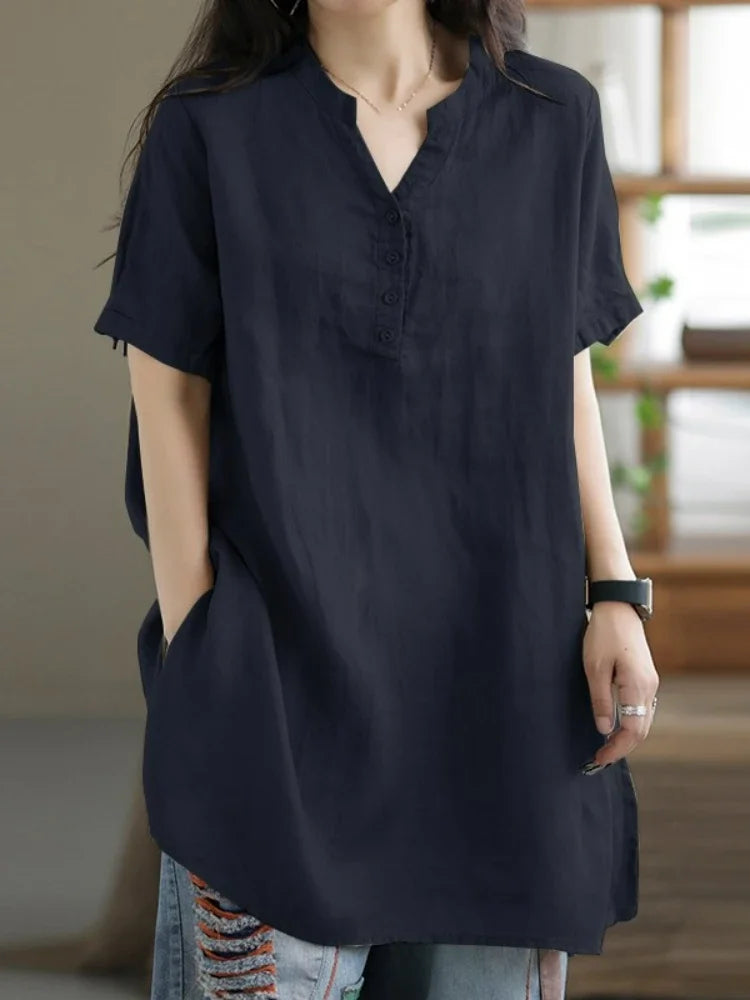 2024 Summer Cotton & Hemp Women’s Shirt – Casual Commuting Short Sleeve Half-Open Top 🌿👚