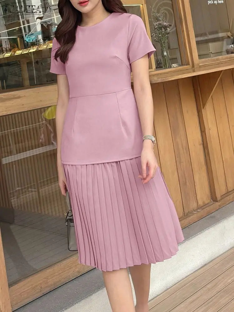 Women Pleated Dress 👗 Elegant O-Neck Short Sleeve Fitted Waist A-Line Knee-Length Dress 🌸 ZANZEA Fashion