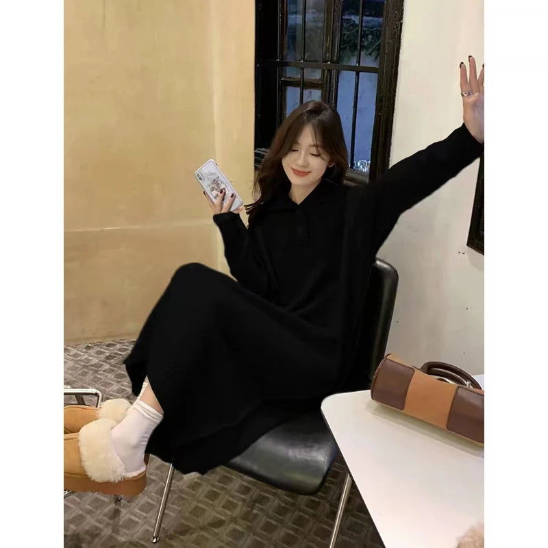 Women’s V-Neck Knitted Dress – Loose Fit Mid-Length Knee-Over Sweater Dress, Autumn Winter Base Layer Inner Wear