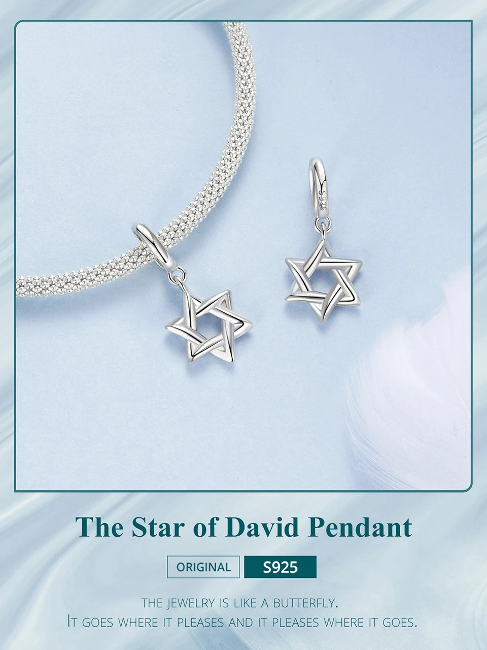 BAMOER 925 Sterling Silver Star of David Pendant | Polished Hexagram CZ Bead | Fits Original Bracelet DIY Jewelry Accessories