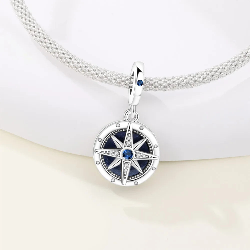 925 Sterling Silver Blue Star Compass Charm Pendant | Fit Bracelet DIY Jewelry Gift for Women