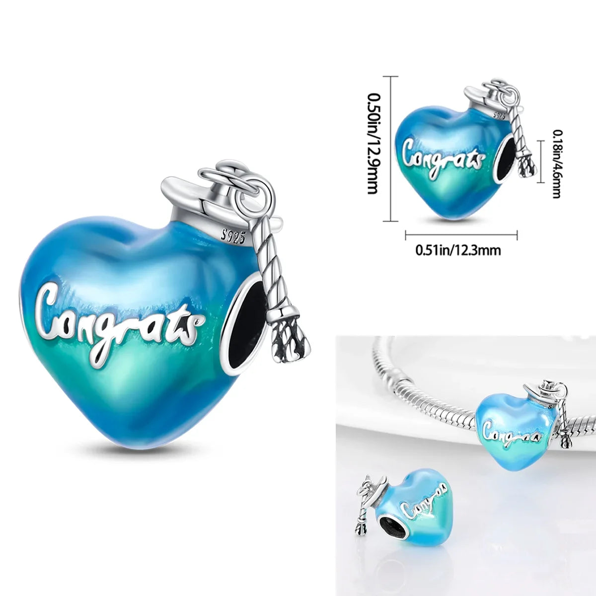 925 Sterling Silver Graduation Charms – Colored Bachelor’s Hat & Flower Beads Fit 4MM Bracelets Jewelry Gift