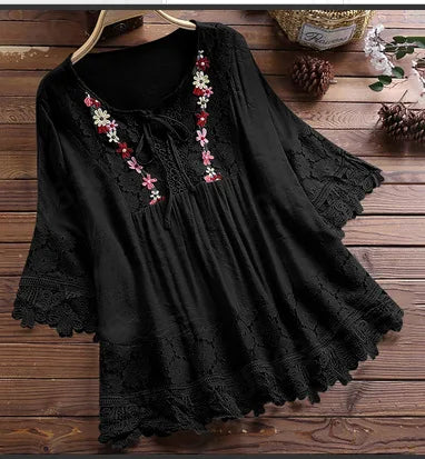 Summer Women Casual V-Neck Blouse – Cotton & Linen Lace Flower Loose Top 🌸☀️