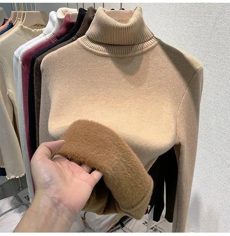 2025 Women’s High Collar Pullover Sweater – Thick Warm Soft Winter Top | Solid Color Bottoming Shirt