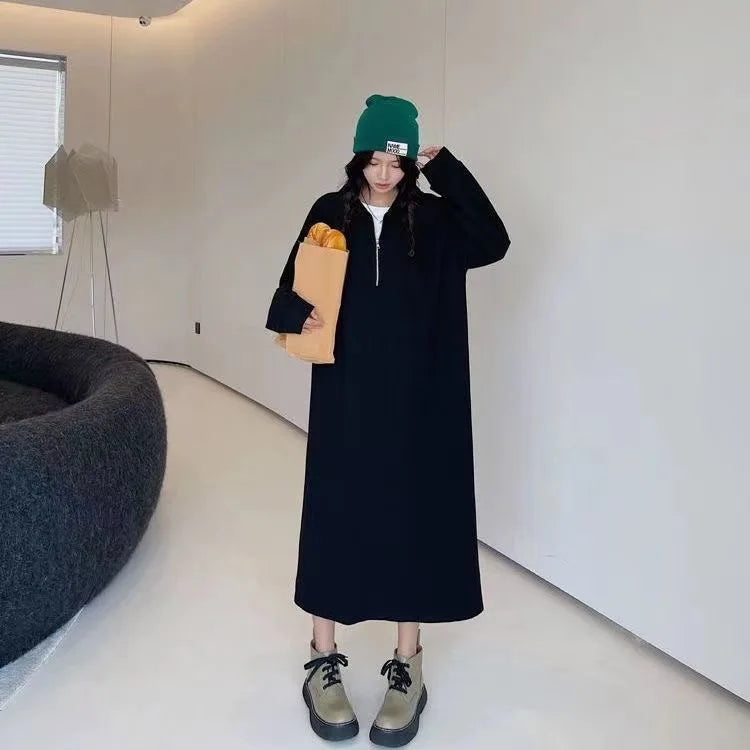 Plus Size Autumn Loose Zip-Up Long Sleeve Sweatshirt Dress – Lazy Fit Over Knee Slimming Dress, Tummy Concealing 300g