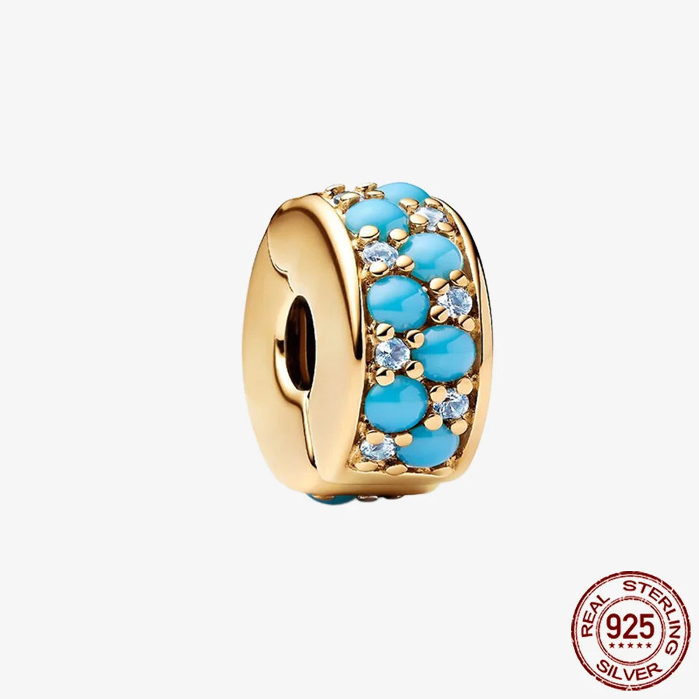 Sparkling Golden Series 925 Sterling Silver Pavé Clip Charm | Fit Original Pandora Bracelet – DIY Jewelry Christmas Gift