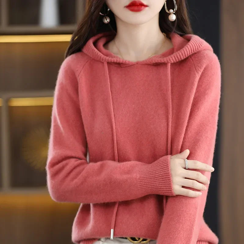 Women Pullover Sweater Hooded Jumper – Korean Loose Fit Solid Long Sleeve Thick Warm Knitted Sweater Autumn Winter
