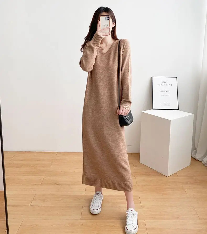 Ladies’ Knitted V-Neck Dress – Loose Fit Base Layer Skirt, Casual Straight Tube Korean Style Autumn Winter Dress