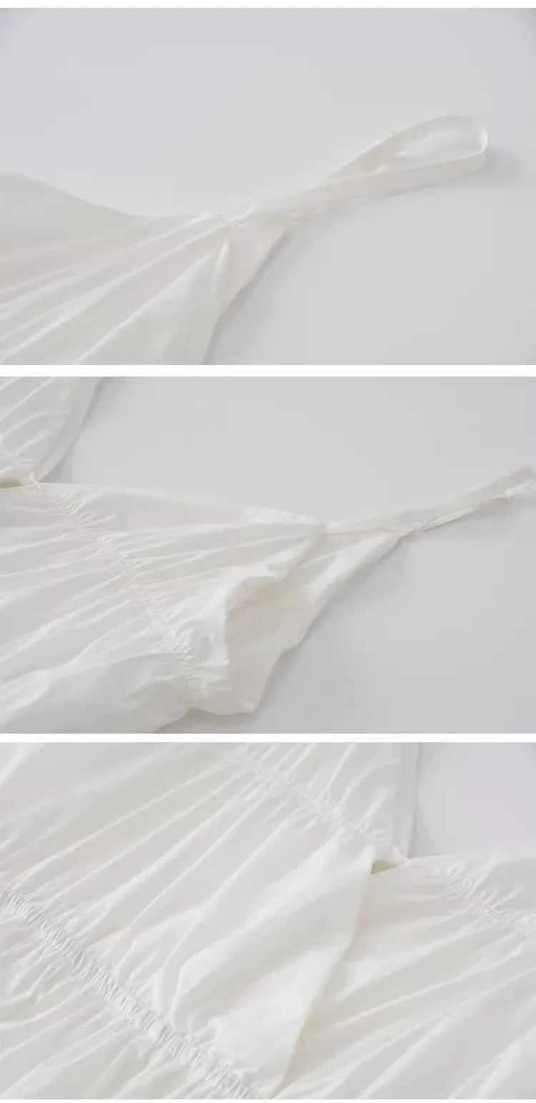 Women’s White V-Neck Backless Strap Dress – Summer Fairy Beach Vacation Long Skirt, Elegant Loose Waist Gown