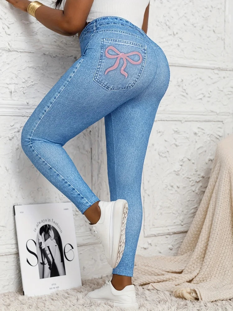 Plus Size High-Waisted Skinny Jeans – Faux Denim Printed Stretch Leggings with Distressed Effect